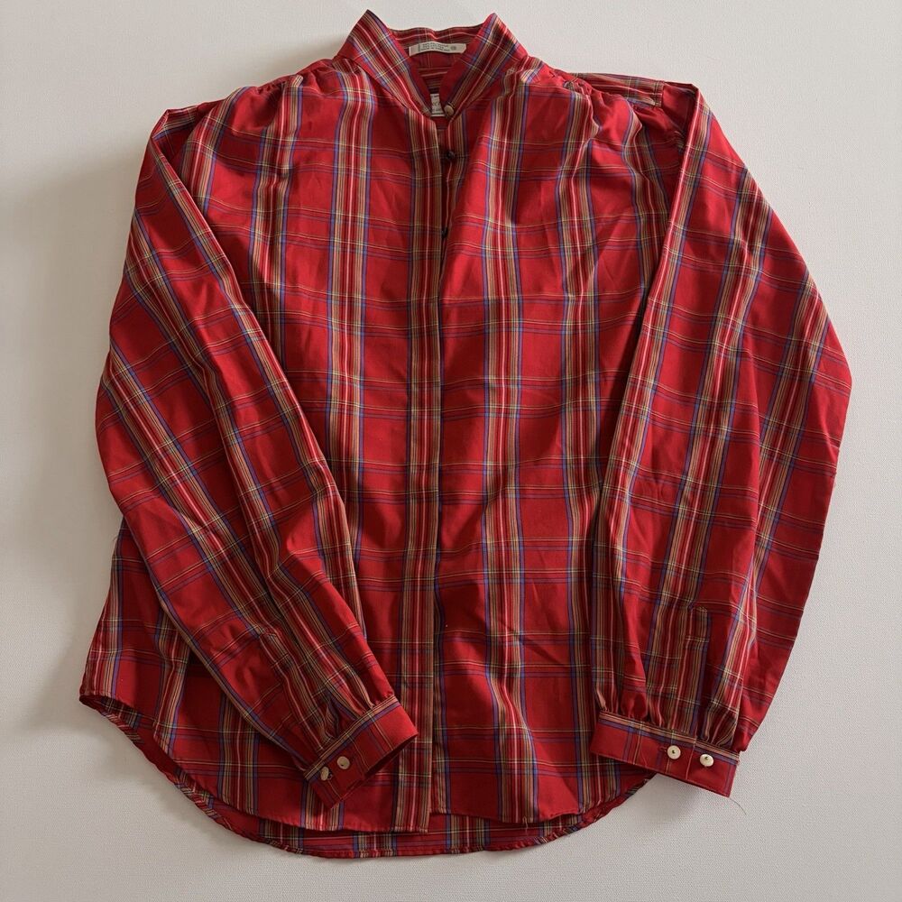 Vintage Foxcroft for Women Red Tartan Plaid Blouse High Neck Hidden Button Sz 12